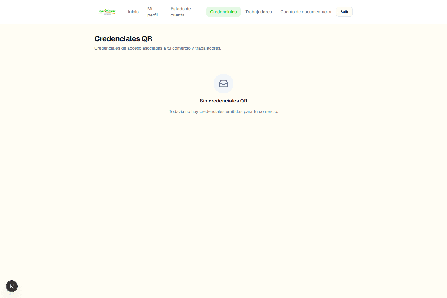 Pantalla de credenciales QR del Portal del Comerciante en estado inicial.